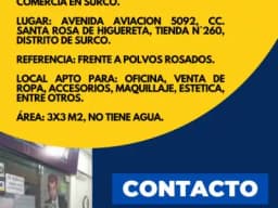 ALQUILER DE LOCAL DE 3X3 M2 EN SURCO 650 SOLES