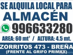 SE ALQUILA LOCAL PARA ALMACEN DE 60 M2 EN BREÑA