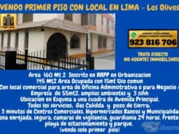 VENDO PRIMER PISO CON LOCAL PARA OFICINA ADMINISTRATIVA EN LOS OLIVOS (TU CASA Y NEGOCIO JUNTOS)
