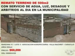SE REMATA TERRENO 500 METROS A 60 MIL DOLARES CEL.998854339
