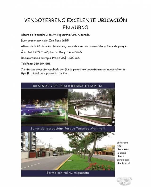 VENDO TERRENO EXCELENTE UBICACIÓN EN SURCO — foto 1