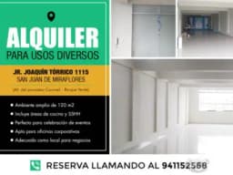 Amplio local de 120m2, con 2 años de antiguedad apto para diversos usos. Se encuentra ubicado en Jr. Joaquín tórrico 1115 San Juan de Miraflores  altura del paradero Caraveli - Parque Verde.