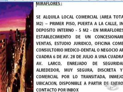 ALQUILO LOCAL COMERCIAL EN MIRAFLORES, INMEJORABLE UBICACION