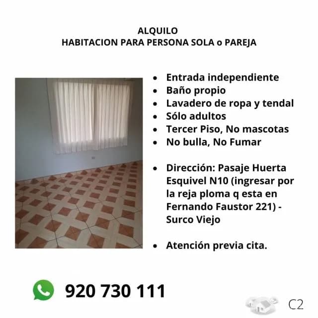 Alquilo Habitación c/baño en surco viejo — foto 1